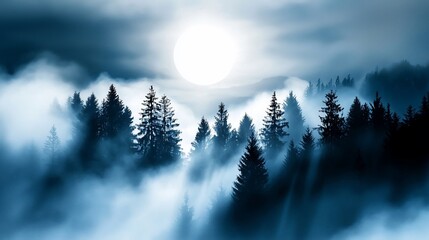 Serene Forest Under Moonlight A Dreamy Landscape with Mist and Tall Trees