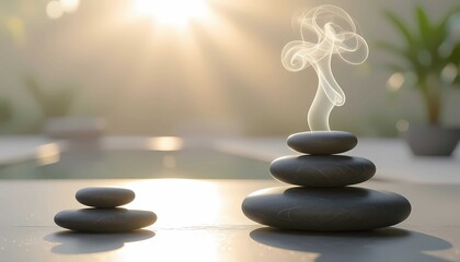 Black Stones Stack in Sunlight, creating a peaceful Harmony for Aromatherapy and Stillness