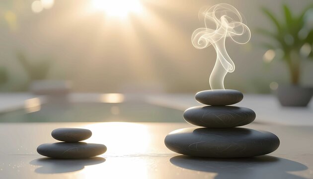 Black Stones Stack in Sunlight, creating a peaceful Harmony for Aromatherapy and Stillness