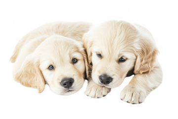 Two adorable golden retriever puppies cuddling closely together on a soft white background. their playful expressions and fluffy fur. perfect for pet-related content