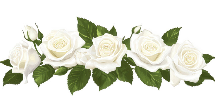 Elegant white roses isolated on transparent background, showcasing delicate petals and lush green leaves, creating a serene and timeless floral arrangement for various occasions