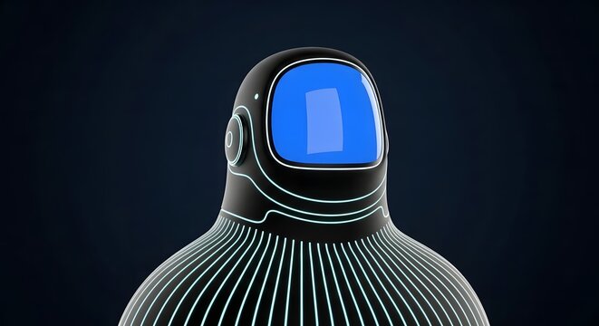 Futuristic humanoid figure with glowing cyan lines and sleek visor symbolizing advanced robotics and digital intelligence
