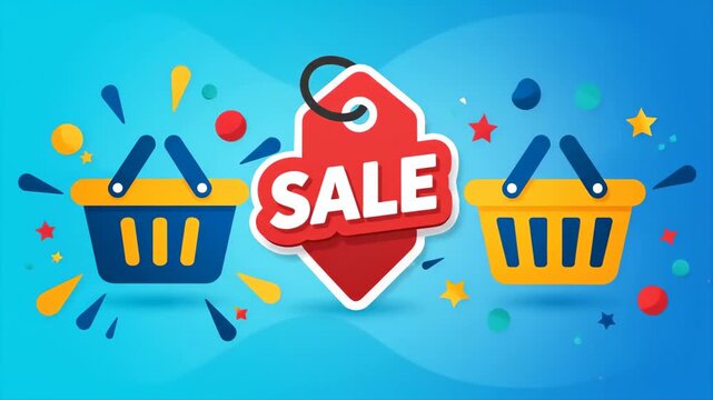Sale Tag and Shopping Baskets on Blue Background.