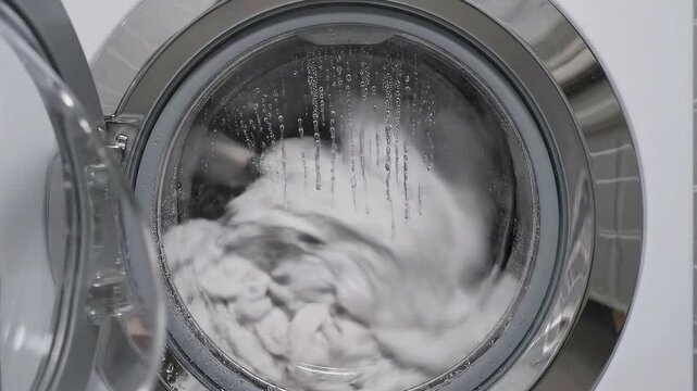 Close Up View of White Laundry Tumbling Inside Modern Washing Machine Drum with Water Splashing and Bubbles Showing Cleaning Process