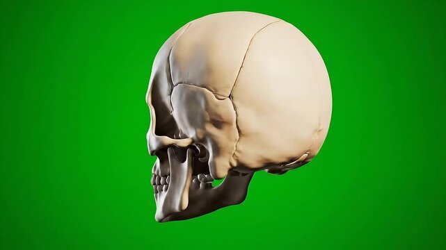 Detailed Anatomical Human Skull Model Rotating on a Vibrant Green Screen Background with Realistic Bone Texture and Sutures Visible