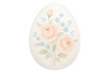 Easter egg decorated with delicate watercolor roses and forget-me-nots in pastel colors, transparent background