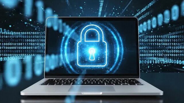 Digital Laptop Displaying Glowing Blue Padlock Icon on Abstract Binary Code Background Representing Cybersecurity and Data Protection Concepts