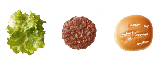 An overhead view of fresh ingredients for a burger. featuring crisp lettuce. a perfectly cooked beef patty. and a soft hamburger bun. ideal for food photography and culinary presentations