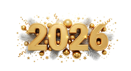 Golden 2026 new year celebration with festive shiny elements.
