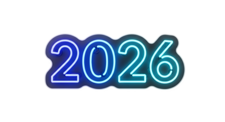 Glowing 2026 neon sign with vibrant blue and cyan light effect