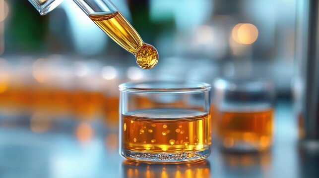 glass dropper releasing a golden amber droplet into a small clear glass vial of liquid, warm glowing bokeh background suggesting calm clinical precision - Powered by Adobe