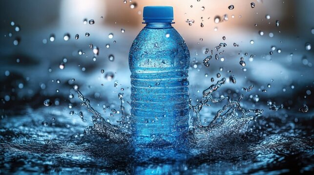 blue plastic water bottle with screw cap standing amid dynamic splashing water and airborne droplets on a reflective wet surface, conveying refreshing energetic mood