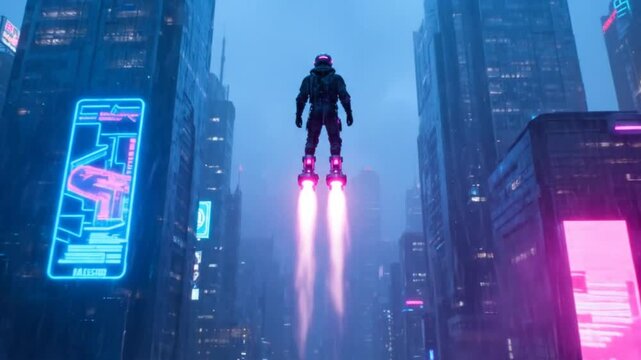 Rear view of futuristic pilot hovering in foggy cyberpunk city street