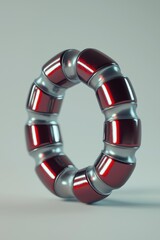 A segmented metal ring of silver and red cylinders sits on a light gray surface. AI.