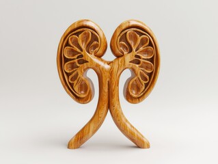 Carved wooden sculpture resembling two kidneys is displayed against a white background. AI.