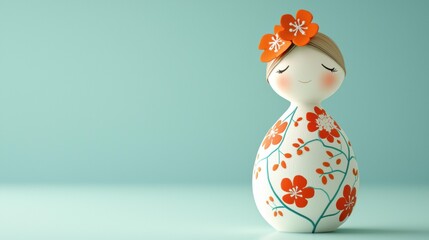 Doll with flower ornaments and floral patterns on a white background. The background is light blue. AI.