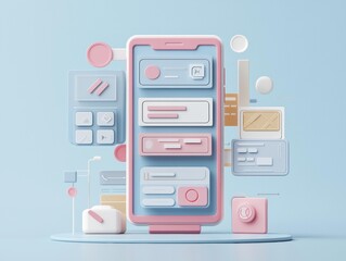 A pink framed phone display shows app elements on a light blue platform. There is a camera and suitcase icon visible. AI.