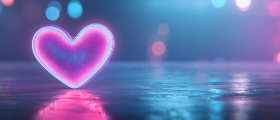 A heart-shaped neon sign with blue trim sits on a surface reflecting pink and blue lights. AI.