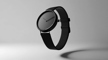 Sleek black wristwatch with a minimalist design on a neutral background. AI.