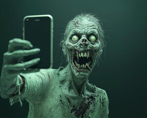 Zombie creature with torn clothes holds a smartphone for a selfie against a dark background. AI.