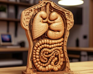 Wooden anatomical model displaying lungs, stomach, and intestines on a table. AI.