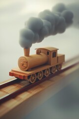A wooden toy train with gray smoke rides on wooden tracks. AI.