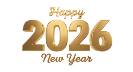 Happy new year 2026 golden 3d text with elegant celebratory design.