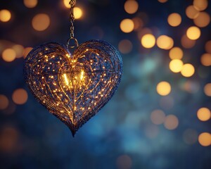 A metal heart shape hangs from a chain, filled with lights on a dark, bokeh background. AI.