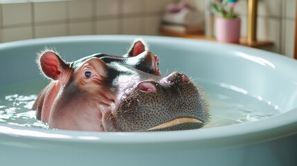Hippo is in the water with its head visible, inside of a light blue bathtub. AI.
