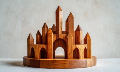 A wooden toy castle with arches and towers sits on a wooden base. AI.