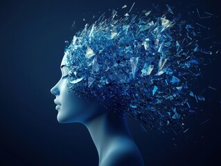 Profile of a person with blue shards around their head against a dark blue background. AI.
