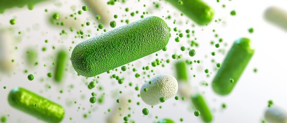 Green rod-shaped objects and spheres are suspended in the air against a white background. AI.