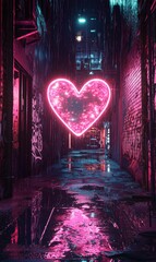 Neon heart glows in a wet alleyway. Graffiti marks the walls in pink light. Rain falls on the ground. AI.