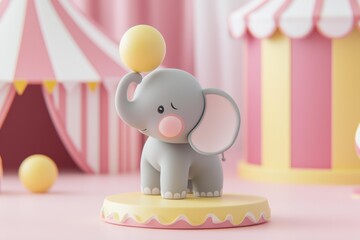 A gray elephant figurine balances a yellow ball on its trunk on a yellow platform. Circus tent background. AI.