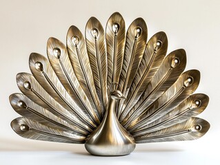 Metal peacock sculpture with detailed feather design and holes, displayed against a white backdrop. AI.