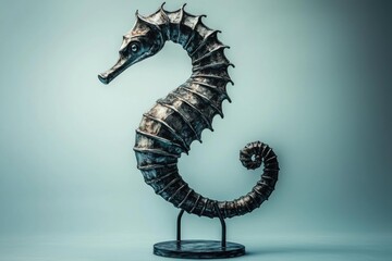 Metal seahorse sculpture on a stand, with curled tail, against a light blue backdrop. AI.