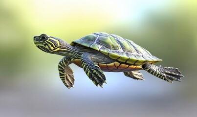 A turtle floats mid-air with legs extended. It has yellow and black stripes on its head and legs, and a green shell. AI.
