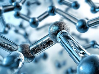 Metallic spheres connect with transparent bars in an abstract, interconnected structure. AI.