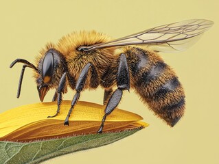 Bee on a yellow flower. The insect has black legs, transparent wings, and a fuzzy body with brown and black stripes. AI.