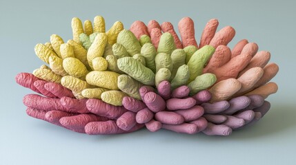 Colorful textured objects cluster together, transitioning from pink/purple to yellow/green, resembling sea coral against a light blue background. AI.