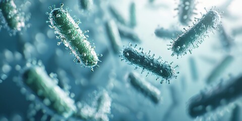 Many cylindrical microorganisms with spikes float on a blurred, light blue background. AI.