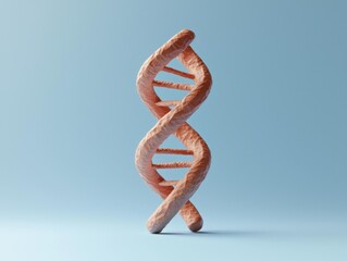 An orange DNA double helix model sits against a light blue background. AI.