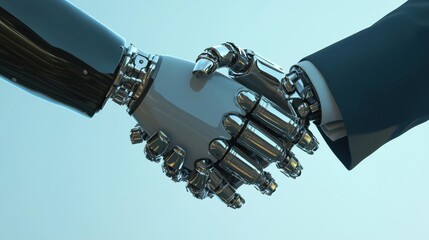 A robotic arm and a human arm in a suit shake hands against a light blue background. AI.