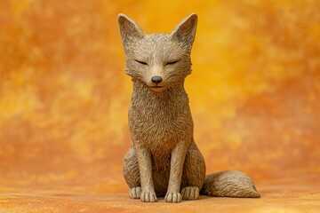 A fox figure is sitting upright with its eyes closed. The background is orange. AI.