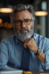 Man with glasses, blue shirt, and tie. His hand is near his neck and he is wearing a watch. AI.