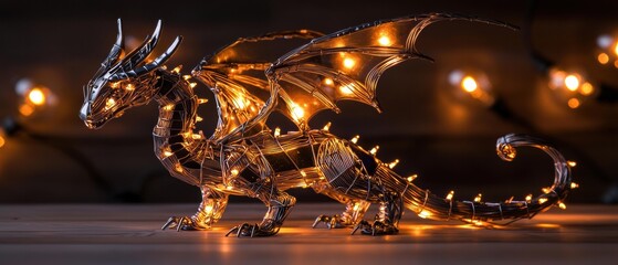 Metal dragon sculpture with a wire frame and small decorative lights against a dark background. AI.