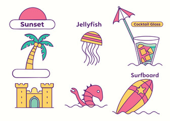 Summer icons set of beach elements for vacation concept art