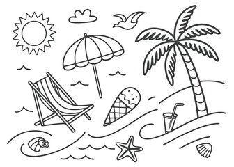 Summer beach scene illustration with palm tree and sun drawing art