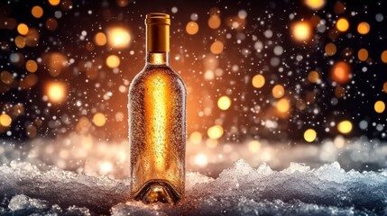 Frosted amber glass bottle standing upright in crushed ice and snow with glistening condensation, warm golden bokeh lights and falling snow creating a festive cozy mood