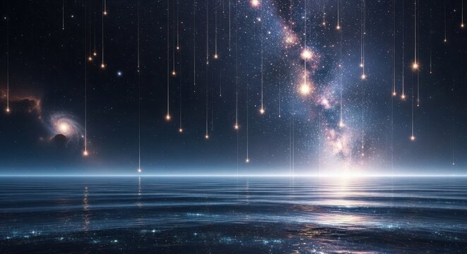 Galactic tapestry of light weaving through space above a tranquil ocean surface - Powered by Adobe